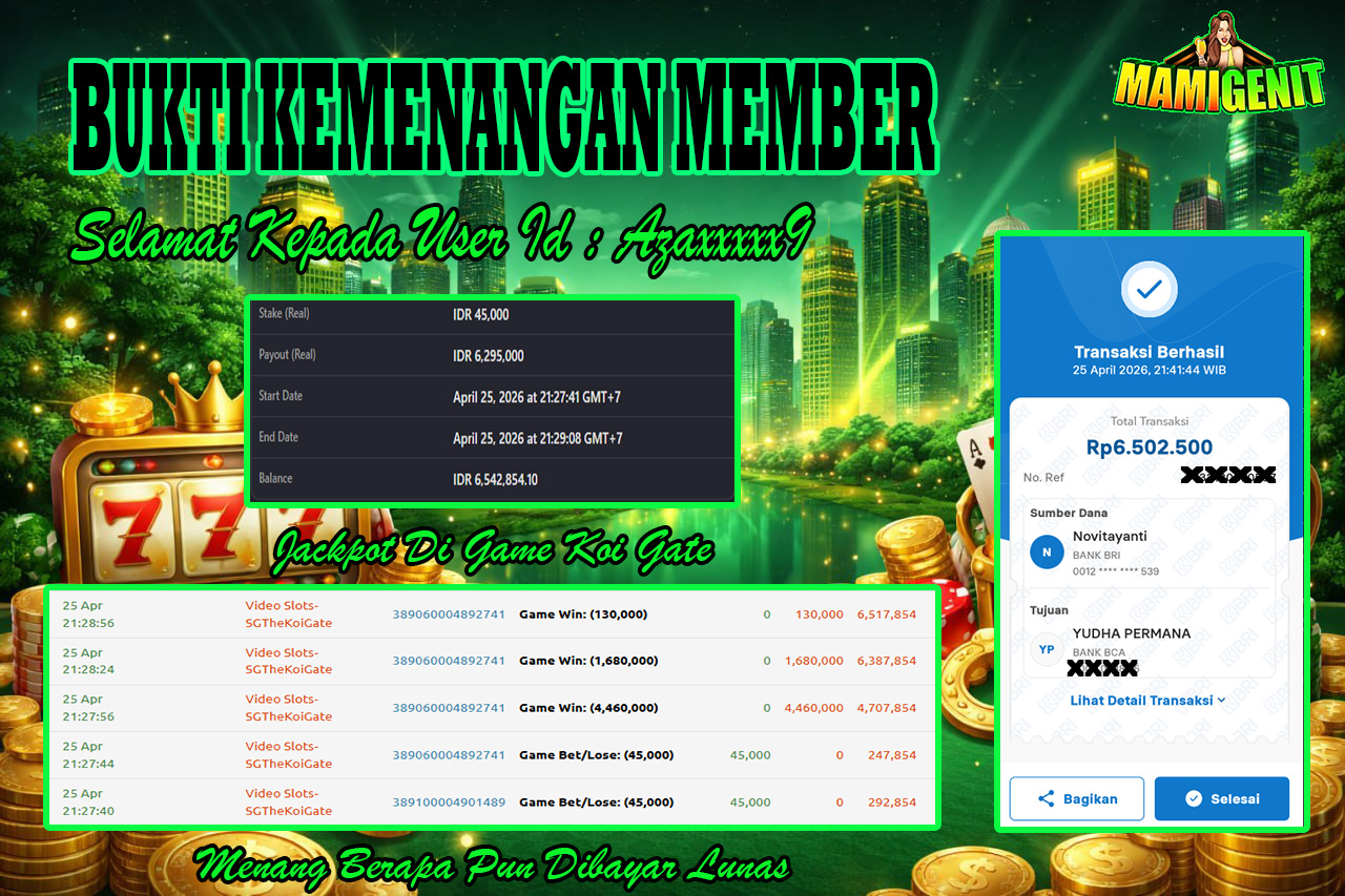 MAMIGENIT - JACKPOT DI SEBESAR RP.6,500,000,- DI GAME KOI GATE